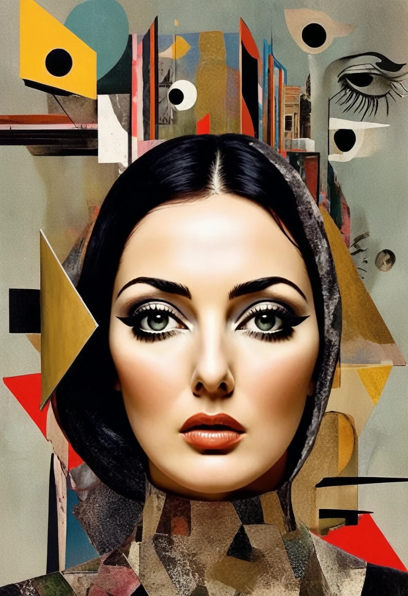 Monica Bellucci themed, Surreal and strange dislocation art:Collage, There are many different things on the faces, somber colors, Geometric Dislocation, Hollow, Artistic sense, Painting, paint, Simple, effect, Collage, Conceptual art, Dadaism