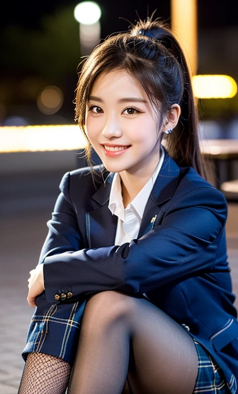 (a cute girl with a ponytail wearing a university student uniform, sitting on the ground hugging her feet, wearing fishnet tights and loafers, with a simple navy blue blazer and a pleated gray tartan check pattern skirt, making a friendly smile, with beautiful detailed eyes, long eyelashes, beautiful detailed lips, dimpled cheeks, and an ample bosom, in a photo-realistic, ultra-detailed, 8k, high resolution portrait illustration with vivid colors and a bokeh night background.)