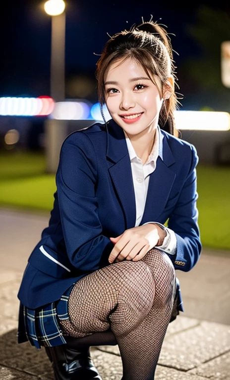 (a cute girl with a ponytail wearing a university student uniform, sitting on the ground hugging her feet, wearing fishnet tights and loafers, with a simple navy blue blazer and a pleated gray tartan check pattern skirt, making a friendly smile, with beautiful detailed eyes, long eyelashes, beautiful detailed lips, dimpled cheeks, and an ample bosom, in a photo-realistic, ultra-detailed, 8k, high resolution portrait illustration with vivid colors and a bokeh night background.)