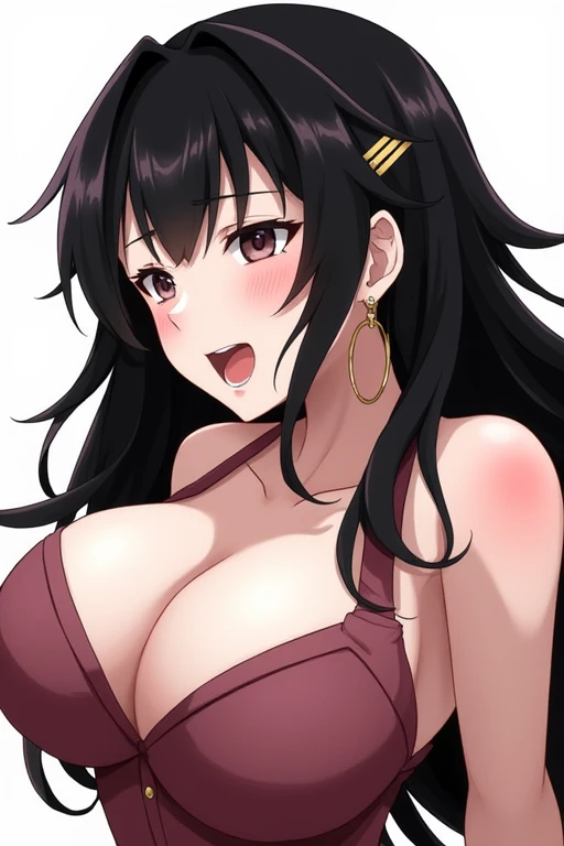 1girl, Long Hair, Black Hair, Earrings, Hair Clip, Multiple Views, Large breasts, Makeup, Heterochromia, Light Blush, Saliva Trail, Moaning, Anime, Masterpiece, Drooling, Rape Face, 