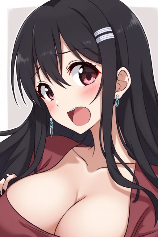 1girl, Long Hair, Black Hair, Earrings, Hair Clip, Multiple Views, Large breasts, Makeup, Heterochromia, Light Blush, Saliva Trail, Moaning, Anime, Masterpiece, Drooling, Rape Face,