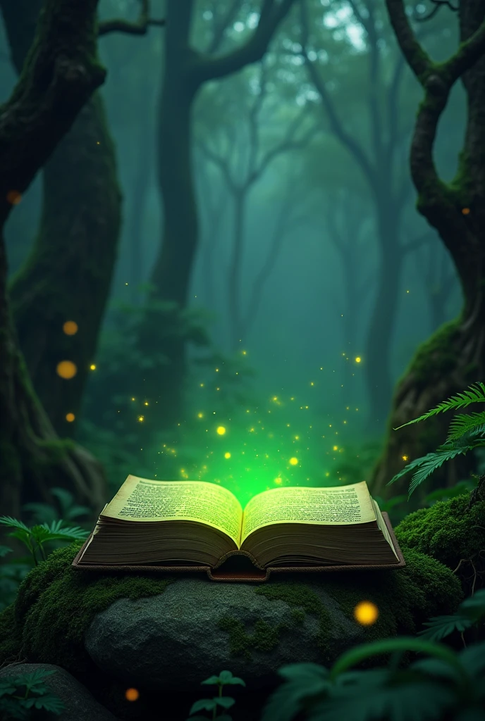 a book that glows a green light when opened next to a dark forest 

