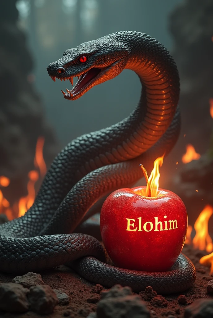 a large python snake with its mouth open wanting to attack looking forward, The snake's tail is wrapping around an apple, in the midst of the darkness of hell surrounded by much fire, The apple has letters written on it that say Elohim, the python snake looking darkly