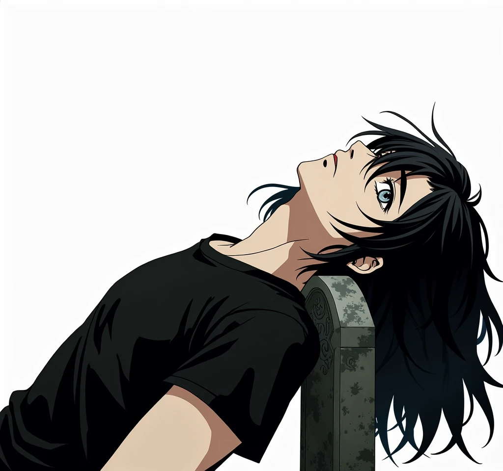 A guy with long black hair, with grey eyes, in a black T-shirt, is sad, Beautiful face, beautiful body, sitting leaning against the tombstone, anime art, masterpiece, realistically