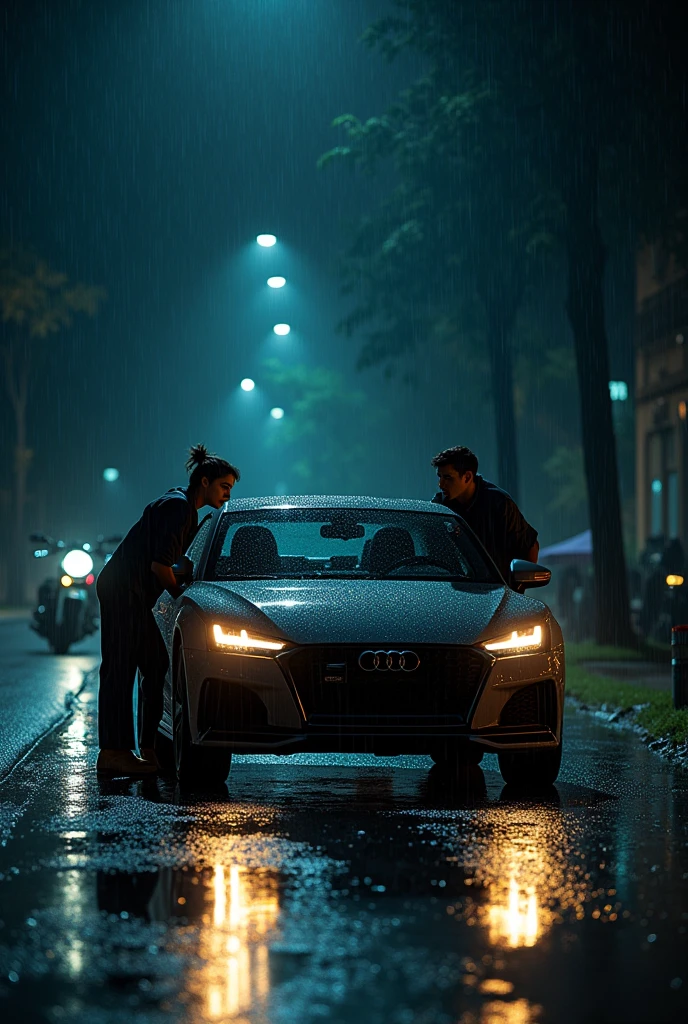 Scenario: Rainy night, a modern car broken down with the hood open on a dark road with a motorcycle behind the car. Personagens: a young woman inside the car and a young mechanic in front of the open hood of the car fixing the vehicle. Just a woman in the car