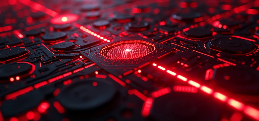 Dark background with red gradients and black details
Modern geometric lines and shapes, like circuits or hexagons
Neon lights and glow effects for a futuristic touch
Metallic or shiny textures in highlighted areas
Possible inclusion of technological elements, like control panels or holograms