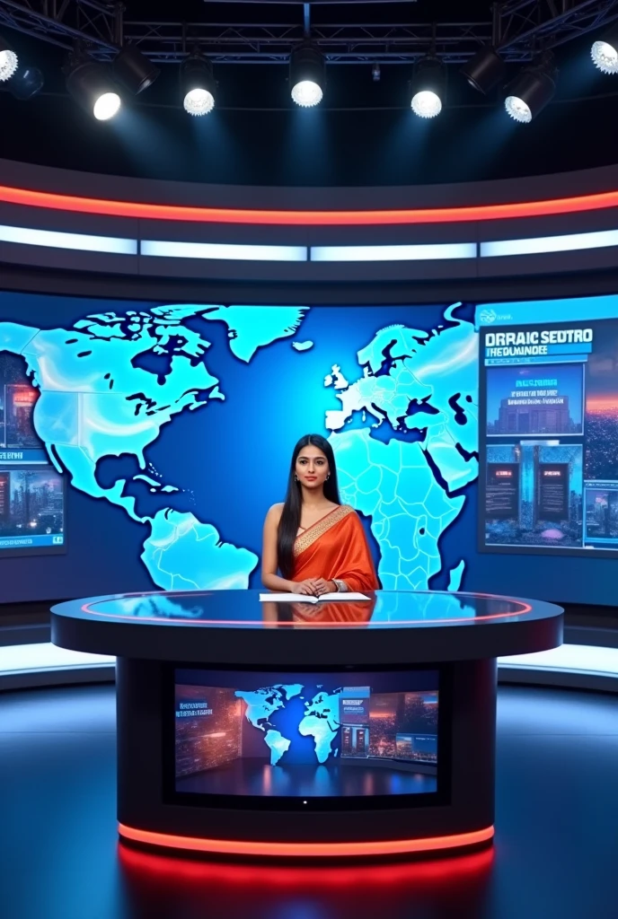 "A high-resolution image of a modern news studio with a professional background featuring large screens displaying news graphics. The studio is well-lit with sleek, contemporary design elements. In the center, a young indian woman is sitting at a news desk, confidently presenting the news. She is dressed in a stylish, formal outfit, possibly a sari, and is holding papers or a tablet. The background includes a world map or breaking news headlines, creating a dynamic and professional atmosphere."