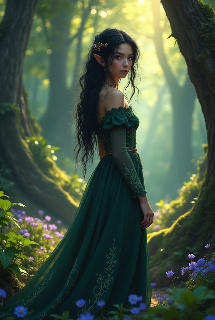Dark-haired elf, yellow eyes, adventurer's long dress