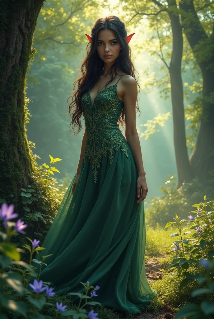 Dark-haired elf, yellow eyes, adventurer's long dress