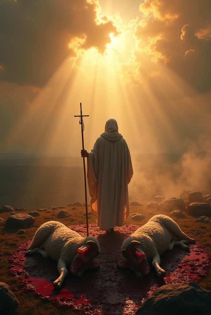 A lamb cut in half with a person walking through it as a sign of the covenant with God