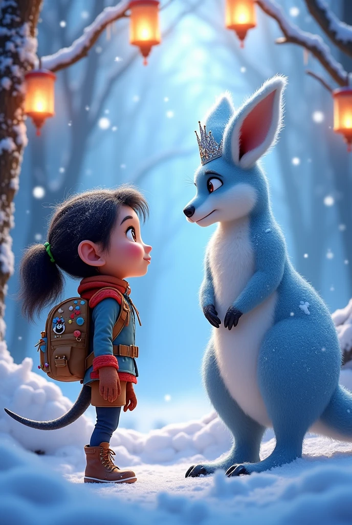 Young adventurer against the snow kangaroo queen in the Disney Pixar style.