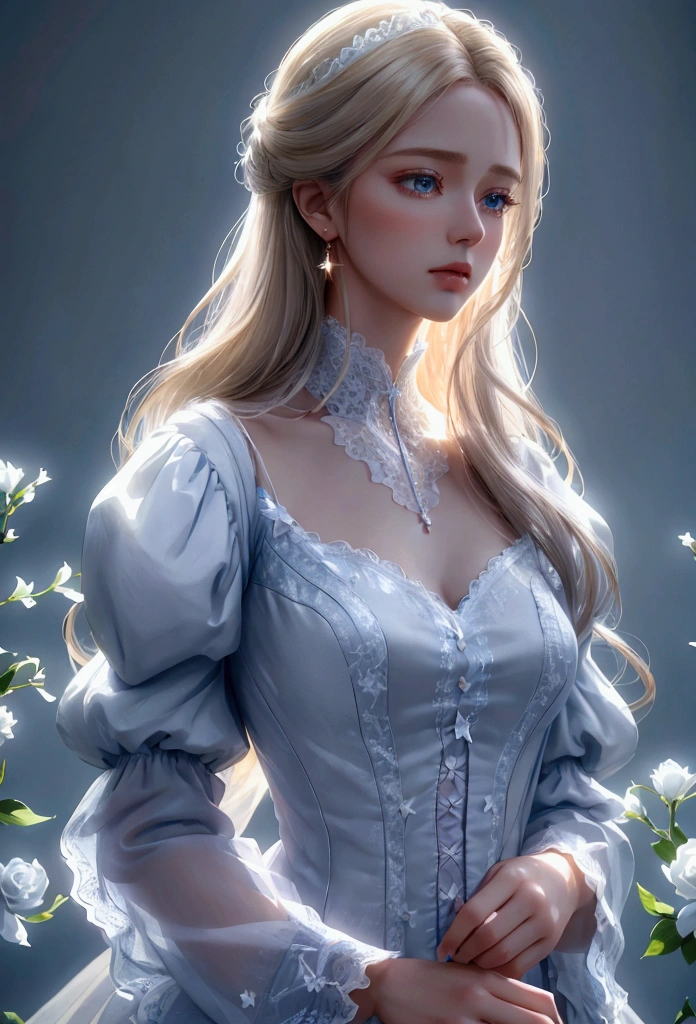 Mysterious and gorgeous scene with stars, flowers, natural light, light and brightness. Glossy rich white blonde_straight long hair, pastel purple outfit_lace puff sleeves, Detailed details: 1.3, (Best Quality, 4K, 8k, High Resolution, Masterpiece: 1.2), (Upper Body Close-up Angle), (Very Detailed, Realistic: 1.37), Cinematic soft lighting, dramatic mood lighting, vivid colors, subtle magical bright background details, fragile, elegant, dramatic, great composition.