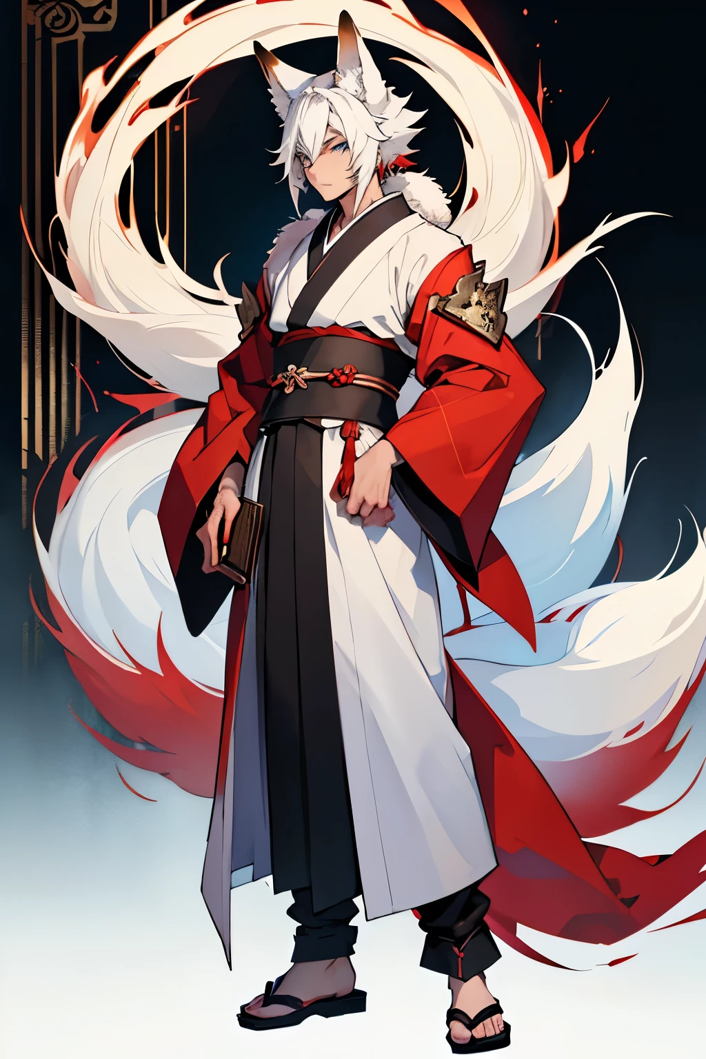 Kitsune in human male form(basically just the fluffy fox ears and 3 long fluffy tails) . Steel blue eyes long white hair(past the shoulders) with red accents. Wears a Kimono(colour how you feel it would be right). The background is a dark library. Character has a open book in his hands. in 2D art full body