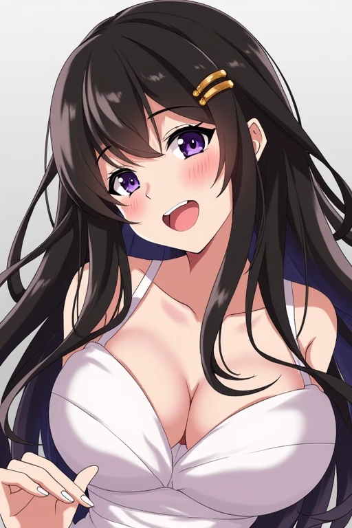 1girl, Long Hair, Black Hair, Earrings, Hair Clip, Multiple Views, Large breasts, Makeup, Heterochromia, Light Blush, Saliva Trail, Moaning, Anime, Masterpiece, Drooling, Rape Face,