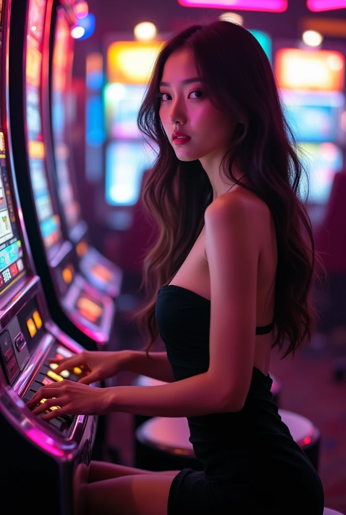 An elegant and Realistic Asian girl wearing a Black party dress is playing Slot Gambling