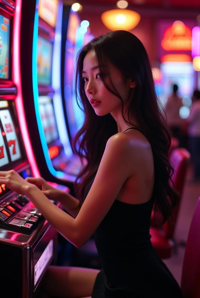 An elegant and Realistic Asian girl wearing a Black party dress is playing Slot Gambling