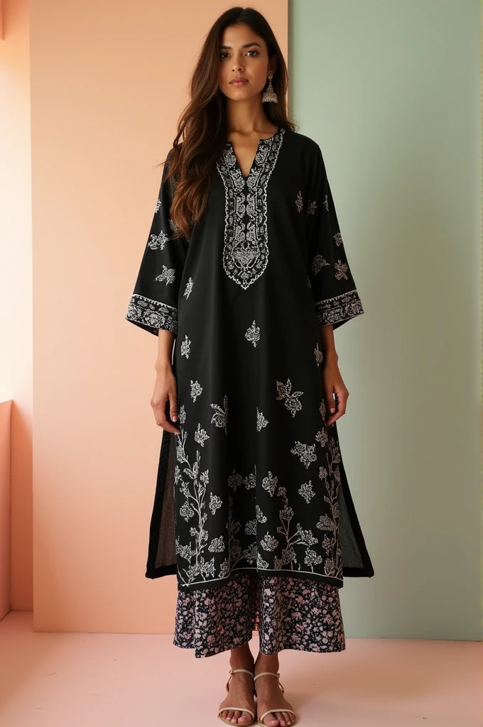 Black woolen kurti on white Printed design 