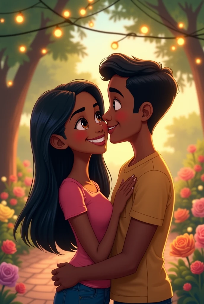 Create a Pixar-style image of a couple, the girl with brown skin, long straight black hair, big brown eyes, and thin eyebrows, the guy with dark skin, small brown eyes, thick eyebrows, a round nose, and a stocky build. 