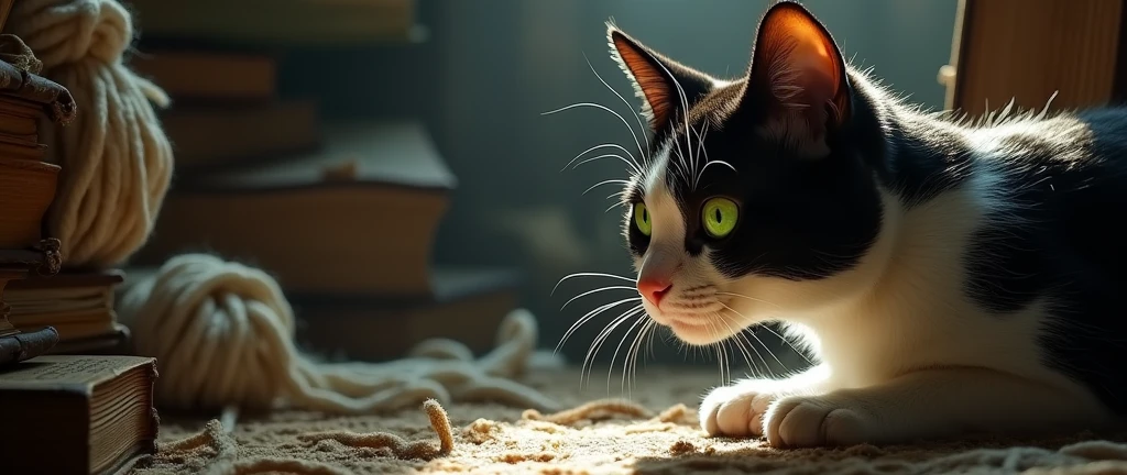 Black and white cat investigating, located on the right side of the image