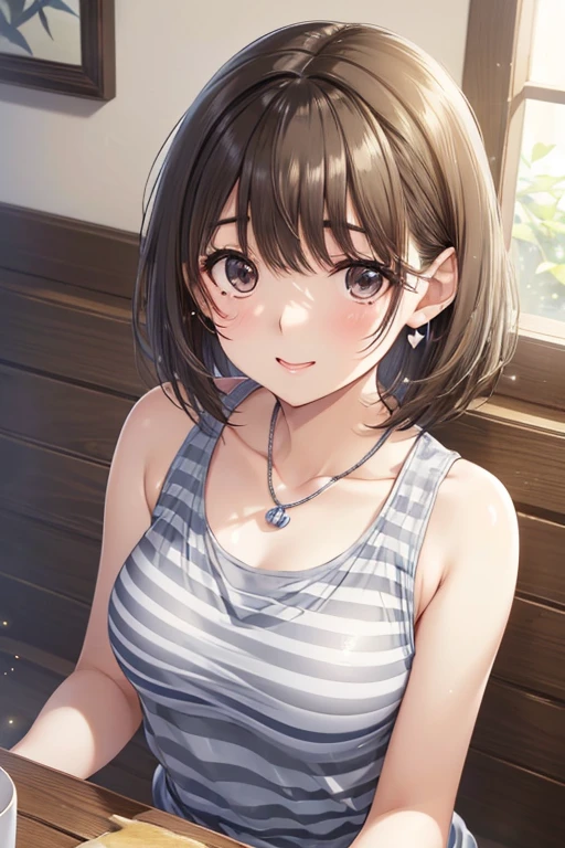 anegasaki nene、Shiny brown hair, short hair, (Beautiful brown eyes、Sparkling eyes, Fine grain)、smile、Ultra-detailed eyes、Very detailed顔, Very detailed目,




(Highest quality、4K、8k、High resolution、masterpiece: 1.2)、(High resolution)、Very detailed、Very beautiful face and eyes、1 female、Round and small face、Narrow waist、Delicate body、(close、Highest quality、Attention to detail、Rich skin detail)、(Highest quality、8k、Oil paints:1.2)、Very detailed、(((White and grey stripes々Wear a tank top)))、(((Laughter)))、(((Wearing a striped tank top)))、(((Look straight ahead)))、(((Brown Hair)))、(((Wearing a heart necklace)))、(((彼女はWhite and grey stripesのタンクトップを着ています)))、