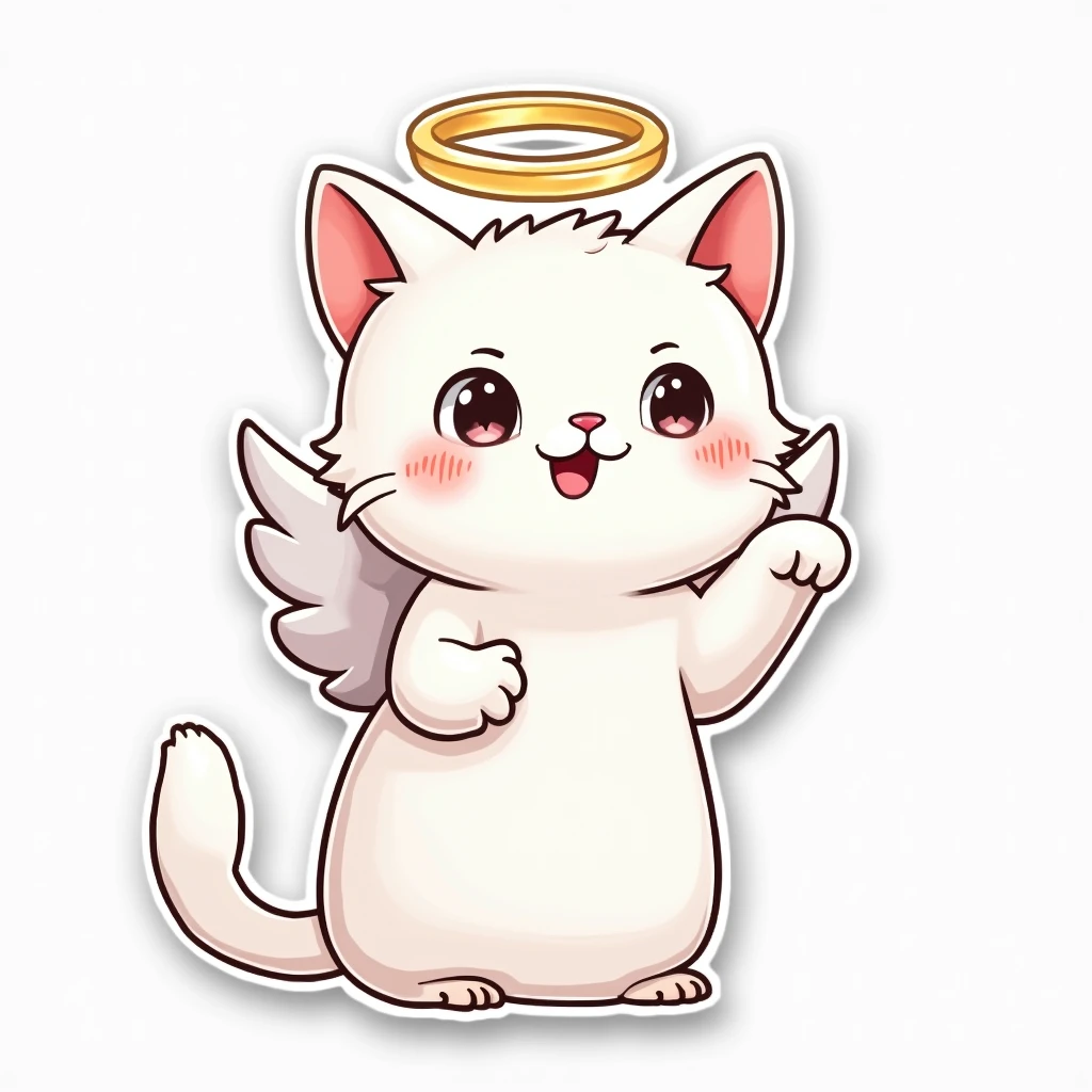 White cat, angelring on head, cartoon style, sticker