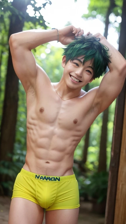 Japanese men、15 years old、Well-developed muscles and smooth skin、Fluffy, voluminous, bright green hair、Thin yellow boxer briefs、You can see the whole body from head to toe.、Smiling softly and friendly、Hero Academy、Posing in the forest barn