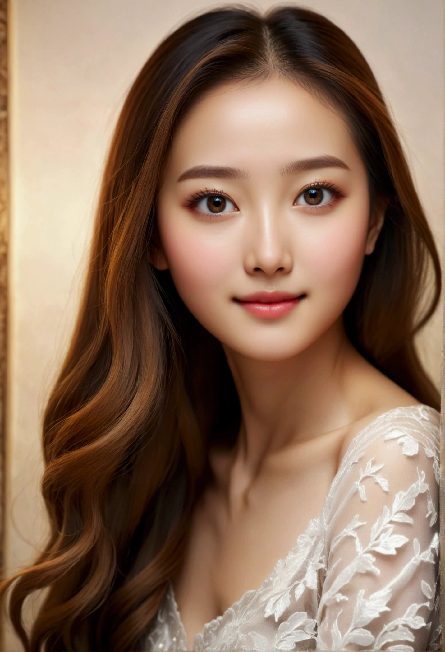 (ultra realistic), (illustration), (a high resolution), (8 K), (Very detailed), (Best illustration), (Beautiful and detailed Eyes), (Best quality), (Ultra detailed), (masterpiece), (wallpaper), (detailed Face), pores on the face,One,one girl,, Fine detail, detailed Face, (detail),(realistic lighting: 1.1),Image of a long-haired woman, smiling in the photo, in the style of the Federal Reserve, One charming Korean face, , Korean actress, , cute korean actress, gorgeous young korean woman,