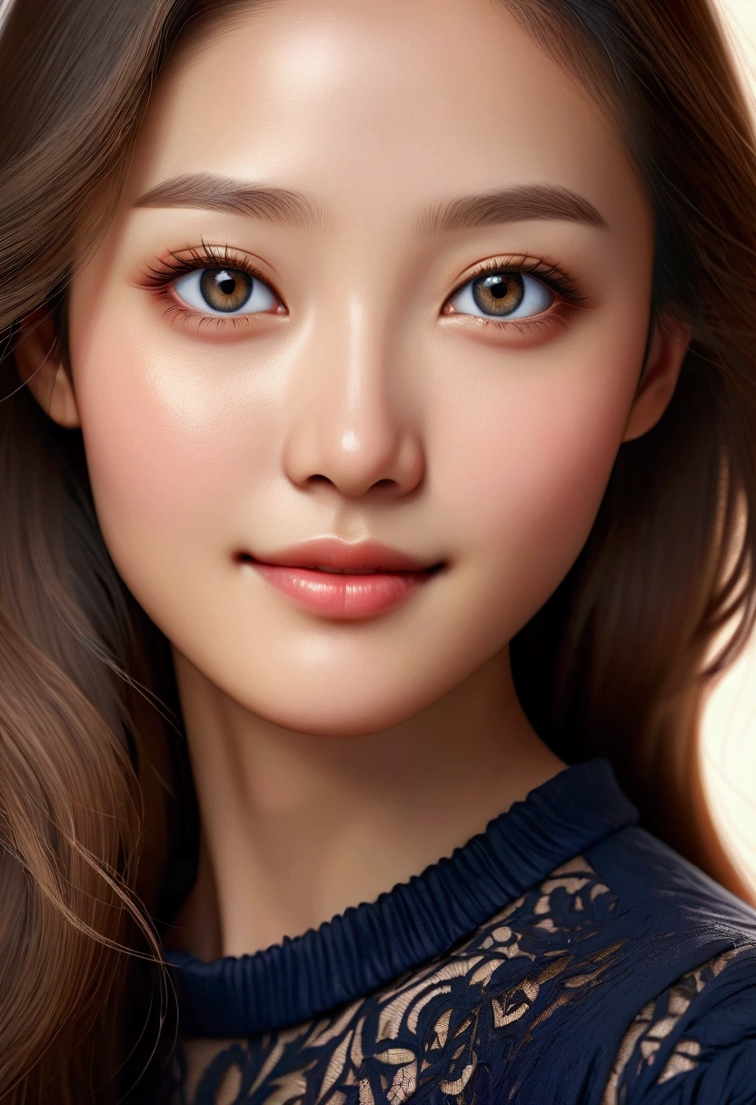 (ultra realistic), (illustration), (a high resolution), (8 K), (Very detailed), (Best illustration), (Beautiful and detailed Eyes), (Best quality), (Ultra detailed), (masterpiece), (wallpaper), (detailed Face), pores on the face,One,one girl,, Fine detail, detailed Face, (detail),(realistic lighting: 1.1),Image of a long-haired woman, smiling in the photo, in the style of the Federal Reserve, One charming Korean face, , Korean actress, , cute korean actress, gorgeous young korean woman,