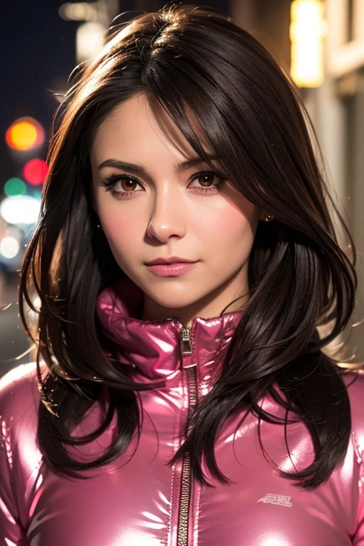Best quality, realistic, from the front in first person, Nina Dobrev on the streets of Los Angeles, (a female mexican Supermodel), (sexy pink shiny puffer jacket :1.1), split, seductive smile, (dark hair), (hairstyle:1.0), Perfect eyes, sharp parts, detailed face, face-makeup, cheeks turn red, Eyeliner, eyeshadow, lip gloss, Supermodel, (Deep Focus), (hard lighting), (Night time), (realistic lighting:1.0)