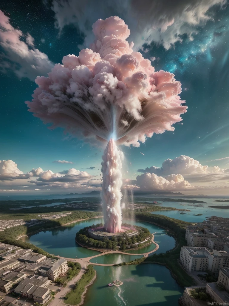 (8k, highest quality, masterpiece, final fantasy style: 1.2), (unRealistic, photoRealistic: 1.37), Dreamy landscape, Fantasy, Unsurreal landscapes, Super detailed, Flying Castle, Floating Island in the Sky, Seven-colored swirl of light, Intense lightning, milky way, Complex Light, Colored light, Large Lake, Starry sky reflected on the lake surface, Countless shining stars, Meteors, Reflections , (A pillar of light emanated from the ground:1,2), (((roses and orchids gardens , bright day , pink clouds, waterfalls in the sky, realistic style, Hyperrealism drawing, a flying pirate spaceship floating above the clouds)))) , burning skyscrapers, , timeless realms, stunning princess , casting spell, healing light magic effect, in a magical lagoon of the fairyland, crystal clear water surface reflections, sharp focus, looking at viewer, (close-up:0.9), (bright white theme:1.2), (bright white tone:1.2), (deep blue tone:1.3),((( realistic, Hyperrealism, vivid colours , landscapes , alien cyborgs , science fiction themes))),