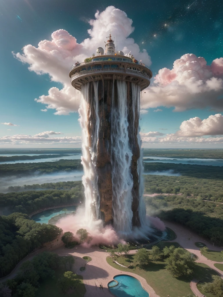 (8k, highest quality, masterpiece, final fantasy style: 1.2), (unRealistic, photoRealistic: 1.37), Dreamy landscape, Fantasy, Unsurreal landscapes, Super detailed, Flying Castle, Floating Island in the Sky, Seven-colored swirl of light, Intense lightning, milky way, Complex Light, Colored light, Large Lake, Starry sky reflected on the lake surface, Countless shining stars, Meteors,  Reflections , (A pillar of light emanated from the ground:1,2), (((roses and orchids gardens , bright day , pink clouds, waterfalls in the sky, realistic style, Hyperrealism drawing, a flying pirate spaceship floating above the  clouds)))) , burning skyscrapers, , timeless realms, stunning  princess  ,  casting spell, healing light magic effect, in a magical lagoon of the fairyland, crystal clear water surface reflections, sharp focus, looking at viewer, (close-up:0.9), (bright white theme:1.2), (bright white tone:1.2), (deep blue tone:1.3),((( realistic, Hyperrealism, vivid colours , landscapes , alien cyborgs , science fiction themes))), 