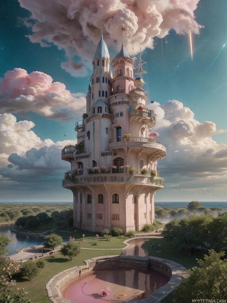 (8k, highest quality, masterpiece, final fantasy style: 1.2), (unRealistic, photoRealistic: 1.37), Dreamy landscape, Fantasy, Unsurreal landscapes, Super detailed, Flying Castle, Floating Island in the Sky, Seven-colored swirl of light, Intense lightning, milky way, Complex Light, Colored light, Large Lake, Starry sky reflected on the lake surface, Countless shining stars, Meteors,  Reflections , (A pillar of light emanated from the ground:1,2), (((roses and orchids gardens , bright day , pink clouds, waterfalls in the sky, realistic style, Hyperrealism drawing, a flying pirate spaceship floating above the  clouds)))) , burning skyscrapers, , timeless realms, stunning  princess  ,  casting spell, healing light magic effect, in a magical lagoon of the fairyland, crystal clear water surface reflections, sharp focus, looking at viewer, (close-up:0.9), (bright white theme:1.2), (bright white tone:1.2), (deep blue tone:1.3),((( realistic, Hyperrealism, vivid colours , landscapes , alien cyborgs , science fiction themes))), 