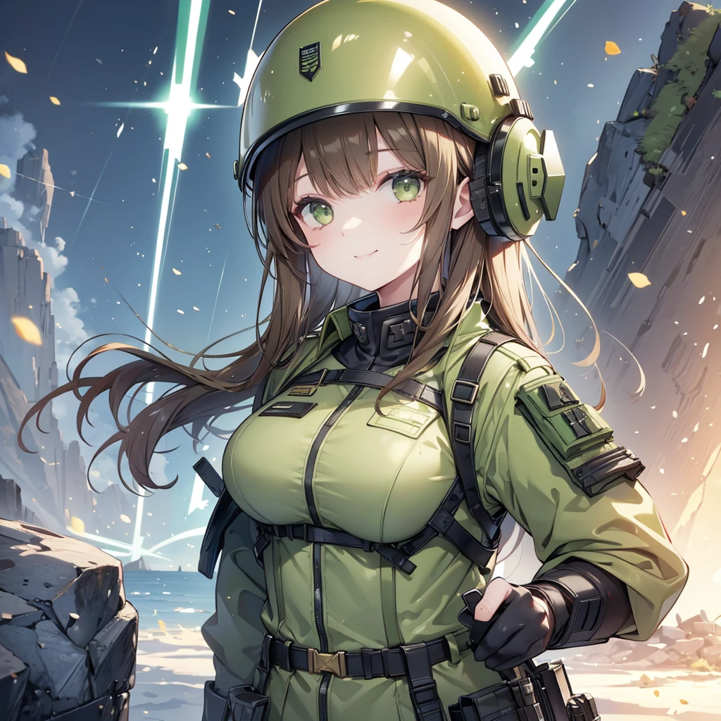 Girl, Brown hair, green eyes, smile
Military outfit, helmet, Bulletproof vest,
Cliffside