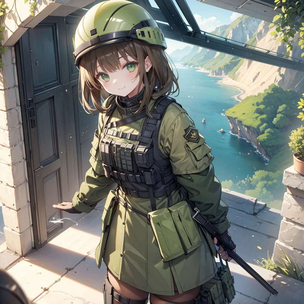 Girl, Brown hair, green eyes, smile
Military outfit, helmet, Bulletproof vest,
Cliffside