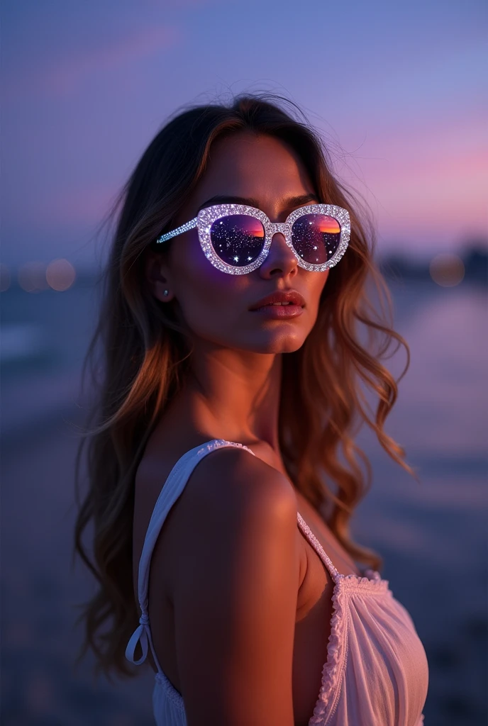 The model is wearing sunglasses with crystal stars and the moon on the glass..