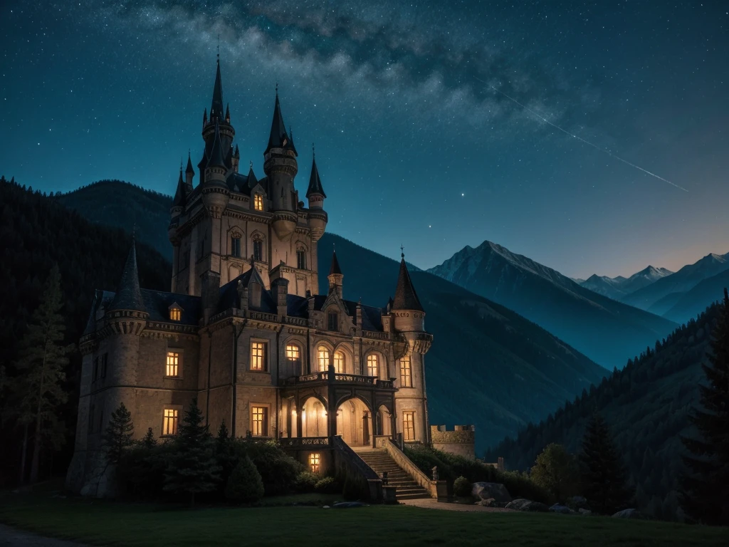 A haunted castle in the mountains at night