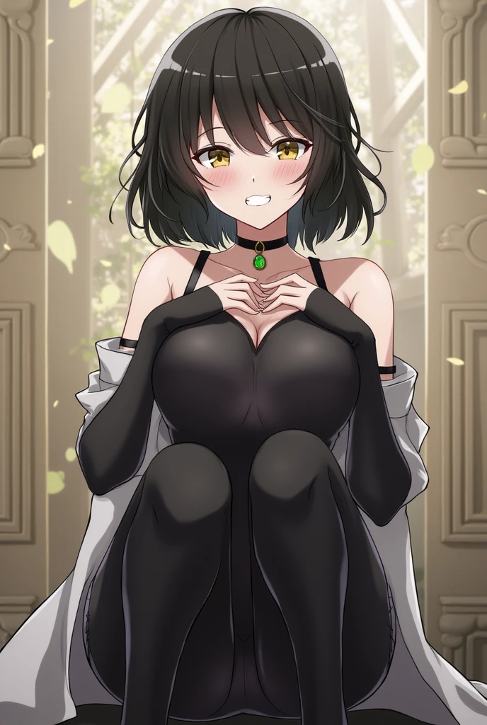 highest quallity,work of art,8k,1 girl,((((((10-year-old)))))),orgasming,blush, sweat,Fuuma_local,(change,,bob cut,Flat Breast, shorth hair,Wavy hair:1.5),Bblack hair,long hair,black skintight,black thighhighhighs,garter_shoulder straps,black elbow_mitts,green gemstone,leg high_skintight,thighhigh_booties,covered navel