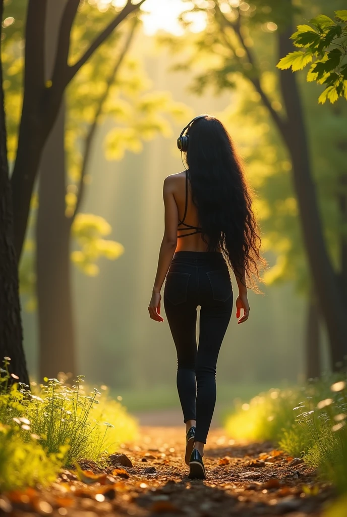 sexy woman walks clothed in a wooded area wearing headphones with black hair