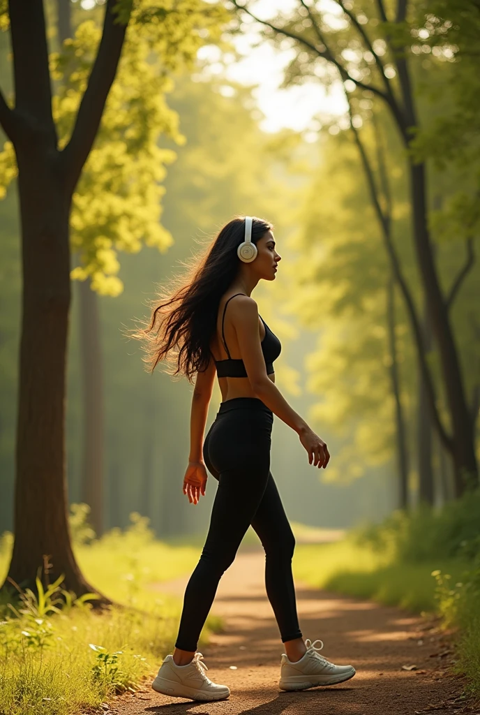 sexy woman walks clothed in a wooded area wearing headphones with black hair