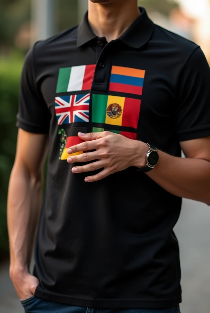 Plain black polo shirt having flags of countries arranged infront and hand in HD