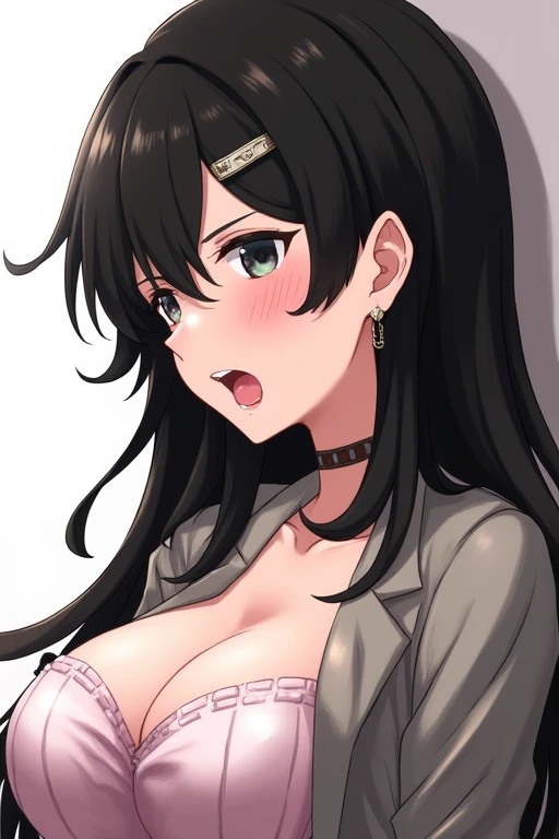 1girl, Long Hair, Black Hair, Earrings, Hair Clip, Multiple Views, Large breasts, Makeup, Heterochromia, Light Blush, Saliva Trail, Moaning, Anime, Masterpiece, Drooling, Rape Face,