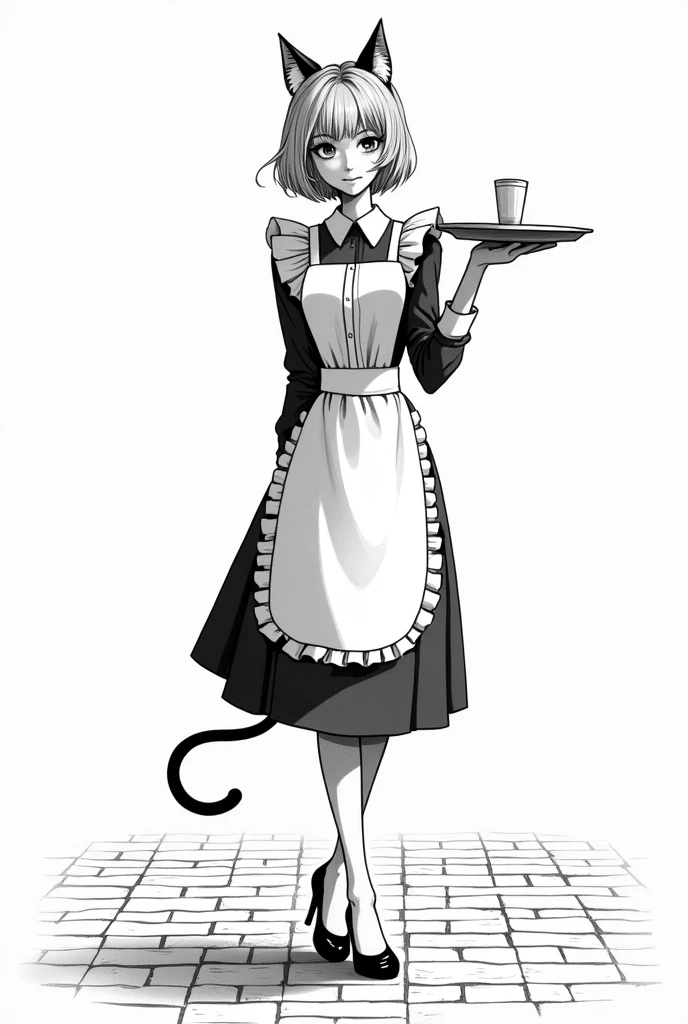 Jacques prevert black and white illustration art, illustration of a beautiful girl, an adult body, detail face, cat ears, cat tail, tray in hand, maid suit, line draw, brick floor, white simple background, --ar 2:3 --stylize 50