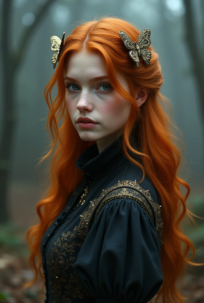 (solo, full body photo:1.3), (action packed:1.3), (haze, fog, mist:1.3), chiaroscuro, best quality, photorealistic, 1woman, (cute), (24yo:1.2), redhead, long ginger hair highly detailed, 1700'S, digital photography, art by artgerm and ruan jia and greg rutkowski surreal painting gold butterfly filigree, broken glass, (masterpiece, sidelighting, finely detailed Fashionable eyes: 1.2) (perfect oval large eyes that gazes at the viewer), beautiful detailed face, blue gorgeous perfect eyes, (blonde hair ponytail), (attractive young woman:1.3), (thick amazing hair), (seductive:1.1), (blushing:1.1)