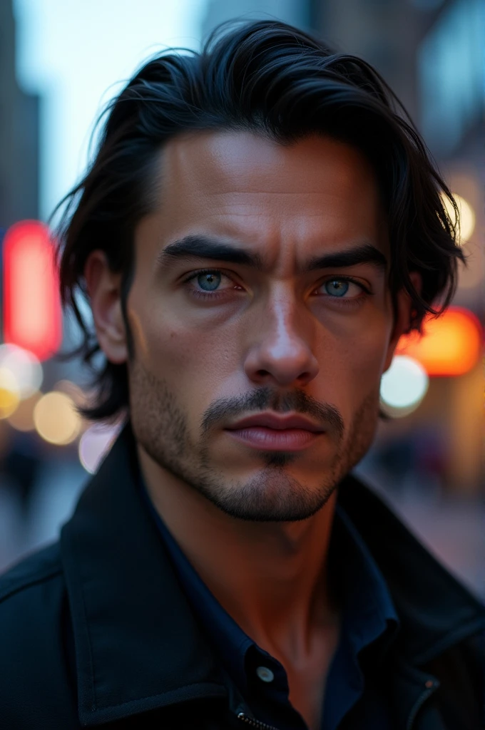 Blue-eyed man, angled face, square jaw
, sharp nose, hair reaching ear length, smooth and black