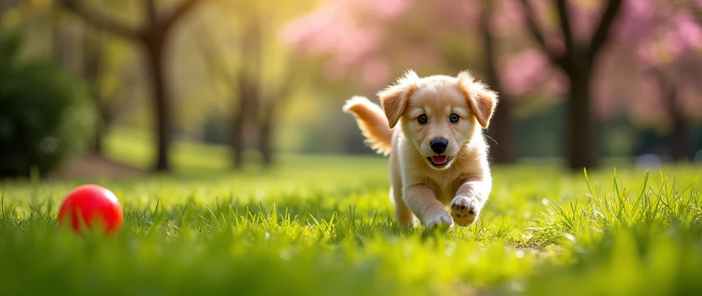 Small, cute dog playing located on the right side of the image