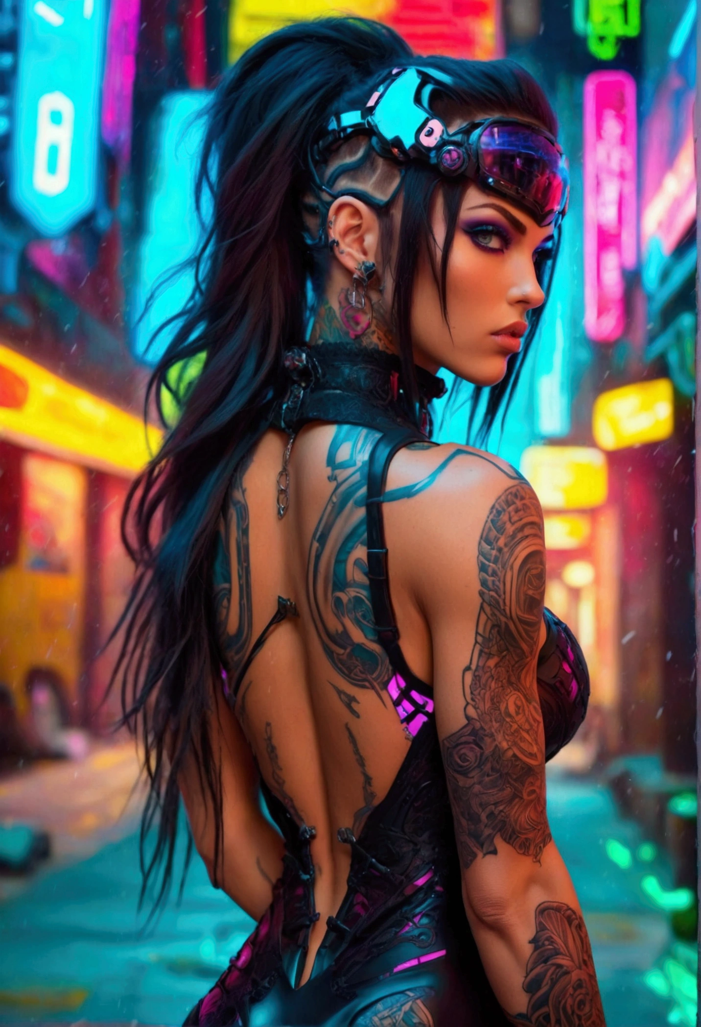 Create a hyper detailed photograph of a tattooed muscular young sexy cyberpunk girl , Stunningly perfect gorgeous feminine face, perfect makeup, detailed vibrant neon sapphire eyes, long hair, big beautiful muscular legs, big beautiful muscular arms, big back muscles, perfect body, muscular abs, detailed smooth skin, big breast, big muscular ass, black lace dress, detailed realistic cyberpunk futuristic vehicle,