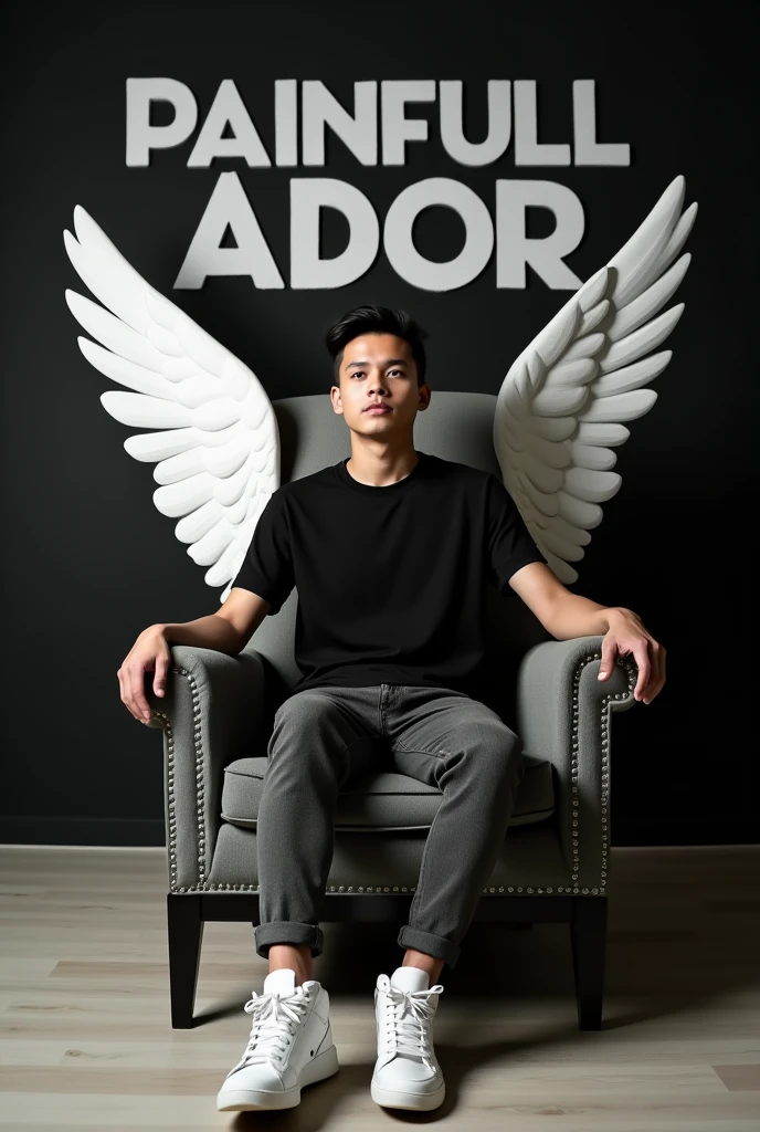 Create a 3D illusion for a picture where a boy 30 years in a black shirt sits casually on a Wingback Chair. Wearing sneakers ,, and , he looks ahead. The background features "painfull Ador" in big and capital white fonts on the black wall. There should not be his shadow, and there are wings to make it appear as if he is an angel.