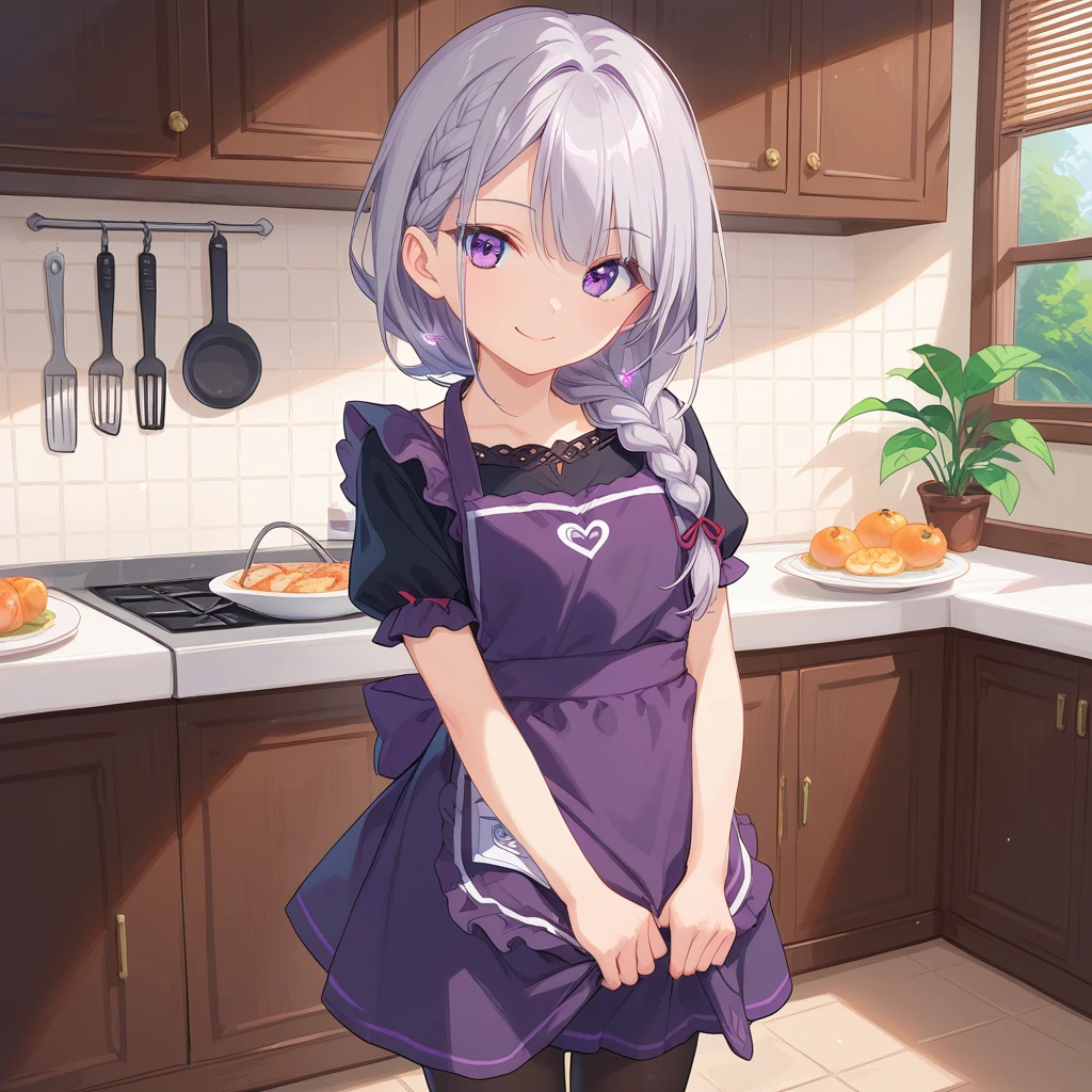 (((masterpiece))),(((best quality))),(((extremely detailed))), 1girl, solo, short girl, looking at viewer, proud smile, standing, (((long:1.4)) grey hair, braided ponytail, hair over shoulder), BREAK (very (((dark))) ((purple)) ((apron)) on top), (((long very ((dark)) purple dress))) black pantyhose, BREAK, indoors, kitchen, light particles