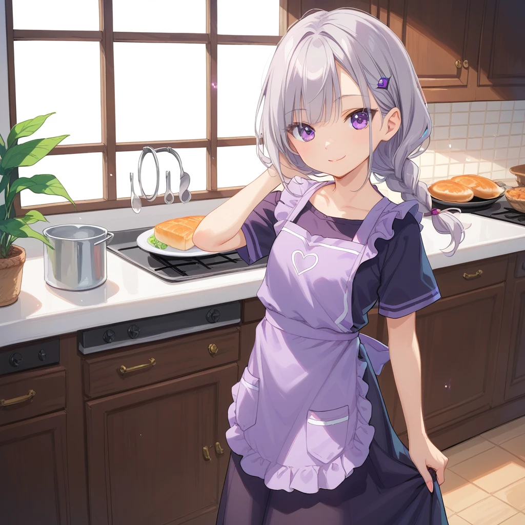 (((masterpiece))),(((best quality))),(((extremely detailed))), 1girl, solo, short girl, looking at viewer, proud smile, standing, (((long:1.4)) grey hair, braided ponytail, hair over shoulder), BREAK (very (((dark))) ((purple)) ((apron)) on top), (((long very ((dark)) purple dress))) black pantyhose, BREAK, indoors, kitchen, light particles