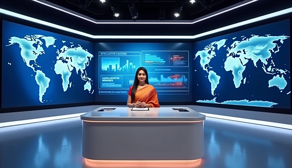 "A high-resolution image of a modern news studio with a professional background featuring large screens displaying news graphics. The studio is well-lit with sleek, contemporary design elements. In the center, a young indian woman is sitting at a news desk, confidently presenting the news. She is dressed in a stylish, formal outfit, possibly a sari, and is holding papers or a tablet. The background includes a world map or breaking news headlines, creating a dynamic and professional atmosphere."